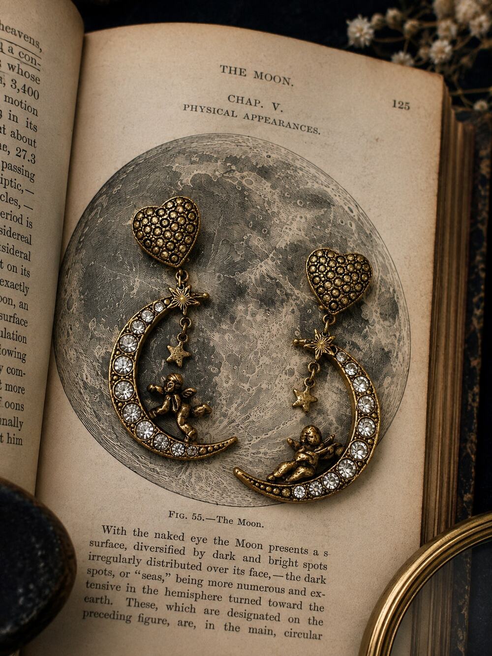 Cherubs on the Moon Rhinestone Crescent Moon Dangle Earrings